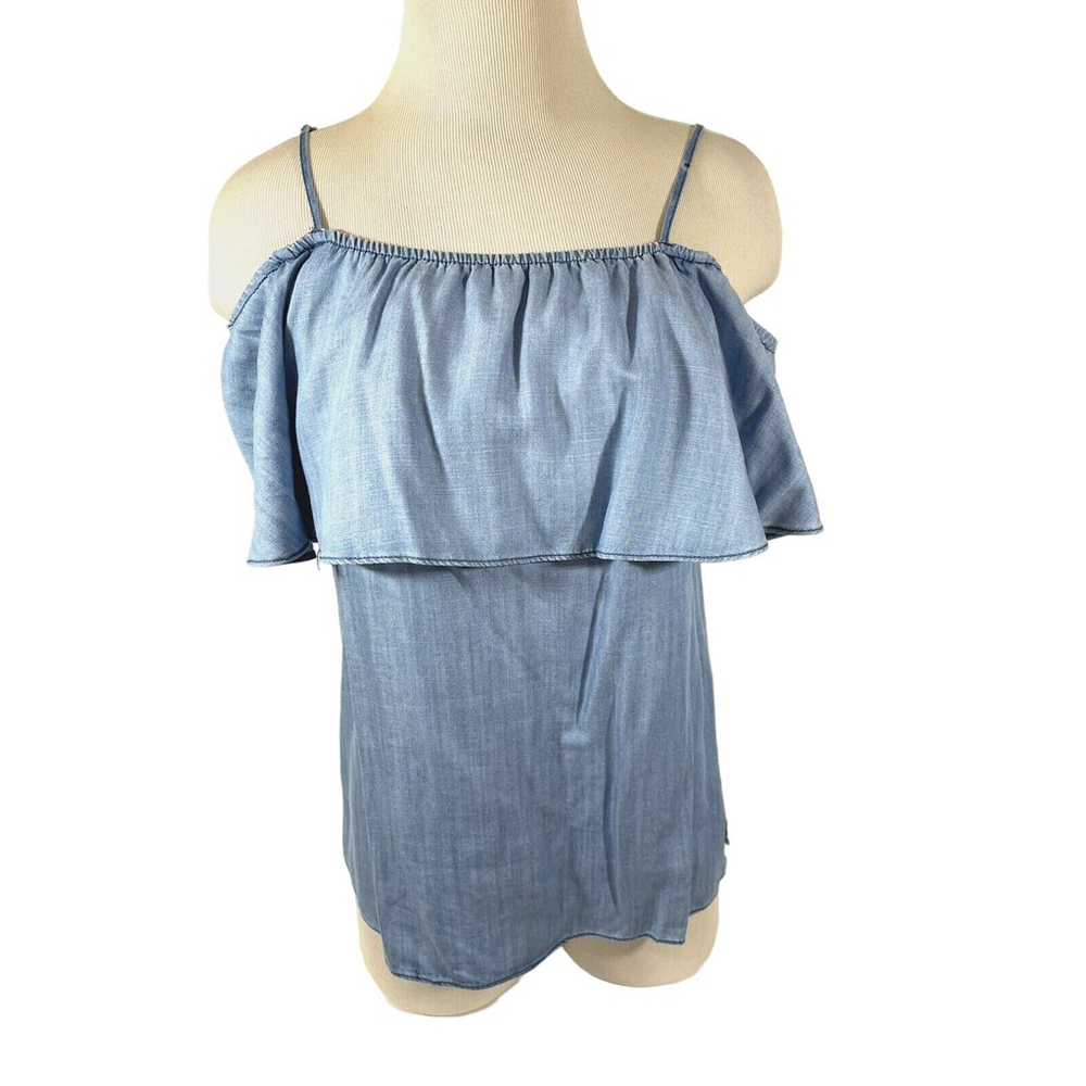 Fab'rik Blue 100% Tencel Cold Shoulder Flounce Top Side Splits Sz L